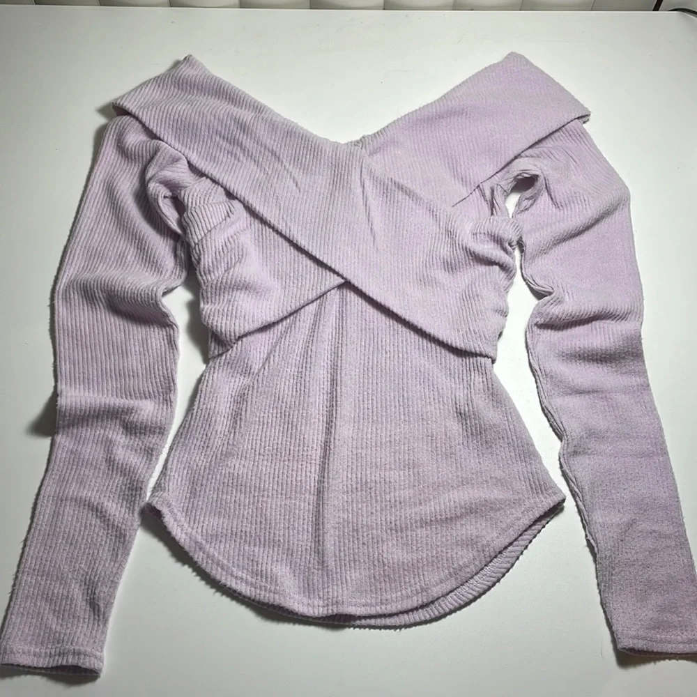 Free People frost lavender cross-over ribbed knit top Size S - Picture 5 of 8